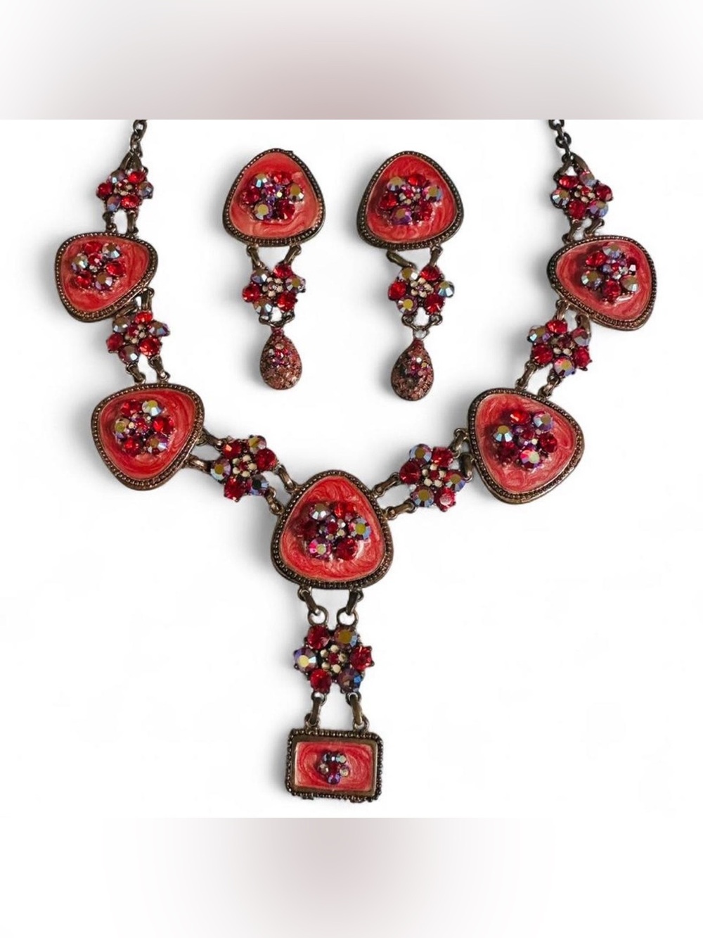 VTG 90’s Neo-Victorian Necklace Set-AB Red Rhinestone Swirl Enamel Bronze Tone